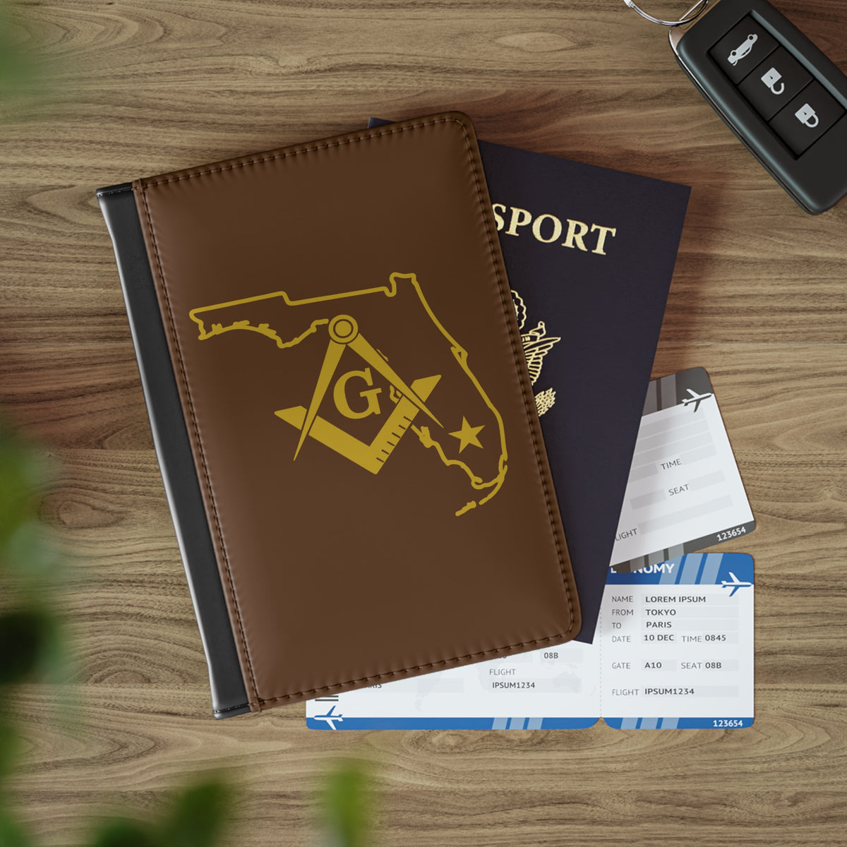 Master Mason Blue Lodge Passport Cover - Florida Mason Brown PU Leather - Bricks Masons
