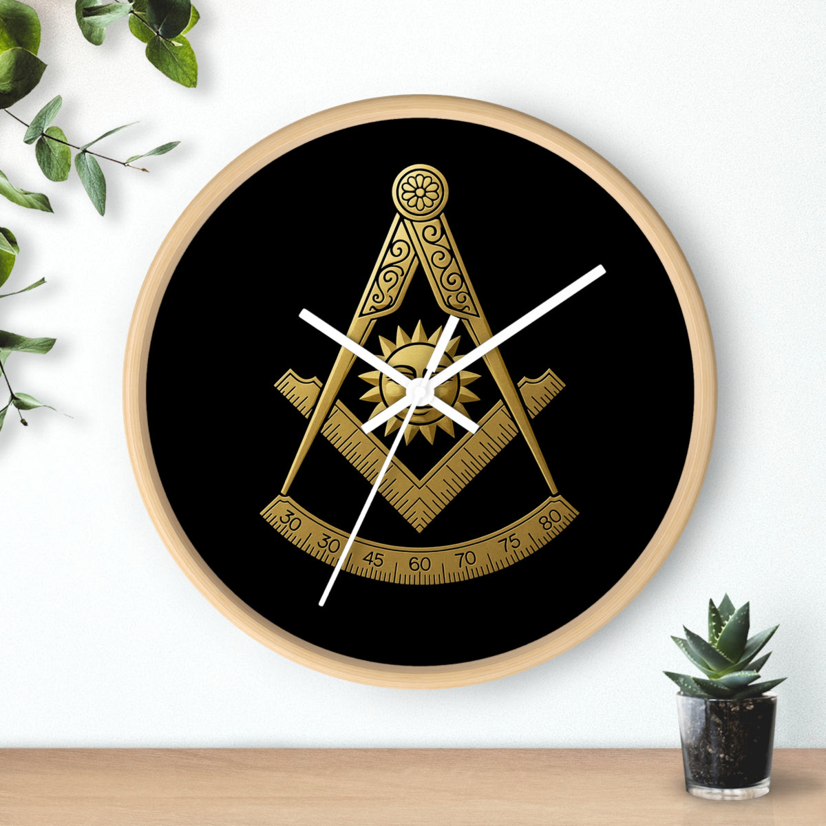 Past Master Blue Lodge Clock - Square Compass Sun & Quadrant Emblem on Wood Frame - Bricks Masons