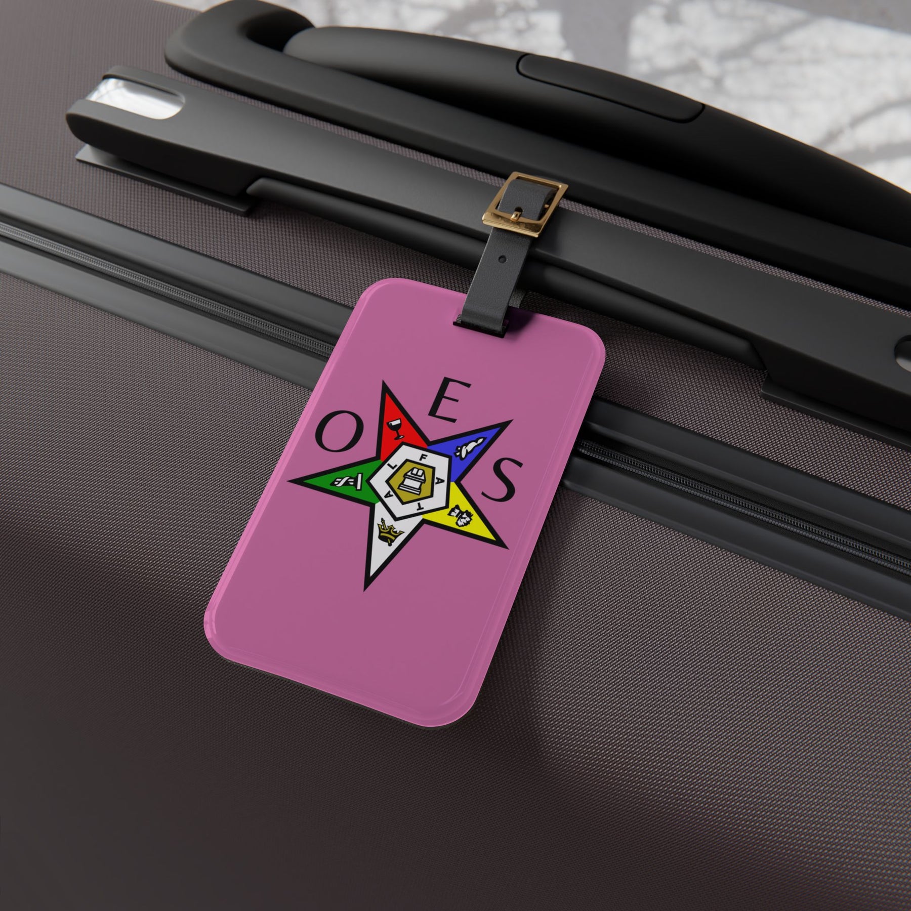OES Luggage Tag - Pink With Black Leather Strap - Bricks Masons