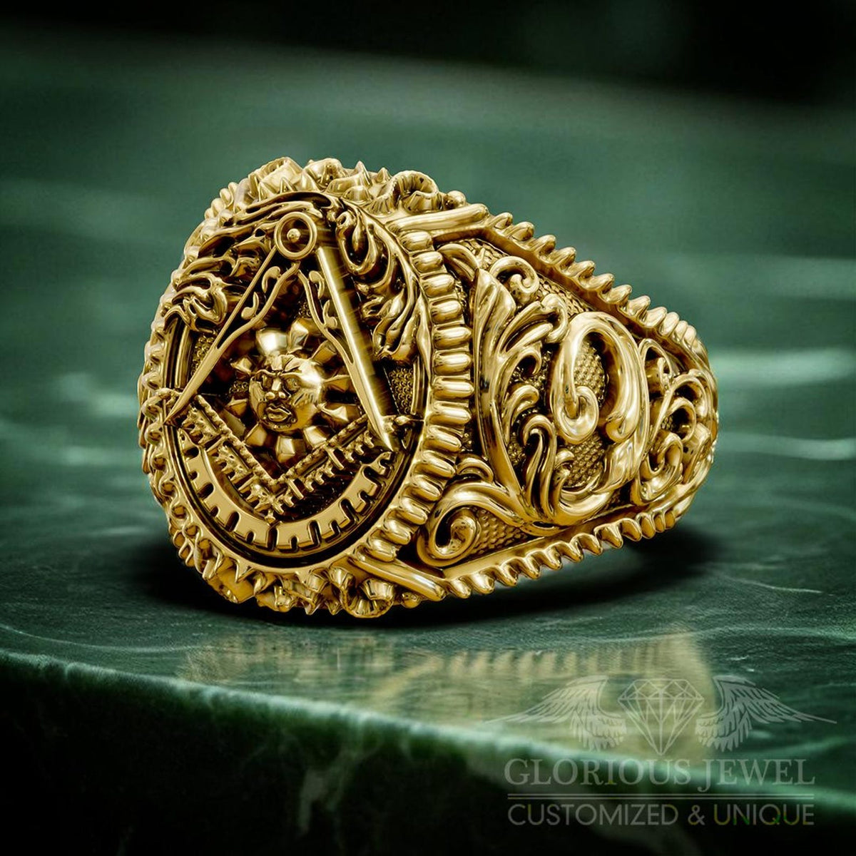 Master Mason Blue Lodge Ring - Square & Compass With Sun Various Materials - Bricks Masons