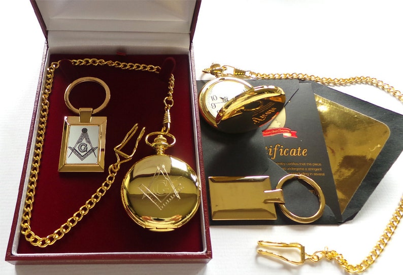 Master Mason Blue Lodge Pocket Watch - 24k Gold Plated Quality Keychain With PW Luxury Gift Case - Bricks Masons