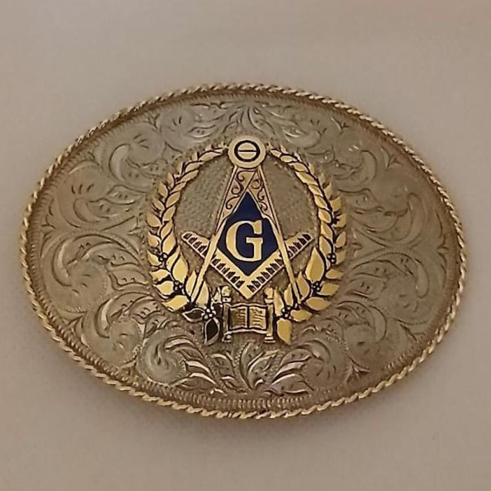 Master Mason Blue Lodge Belt Buckle - Silver Square & Compass G with Wreath - Bricks Masons