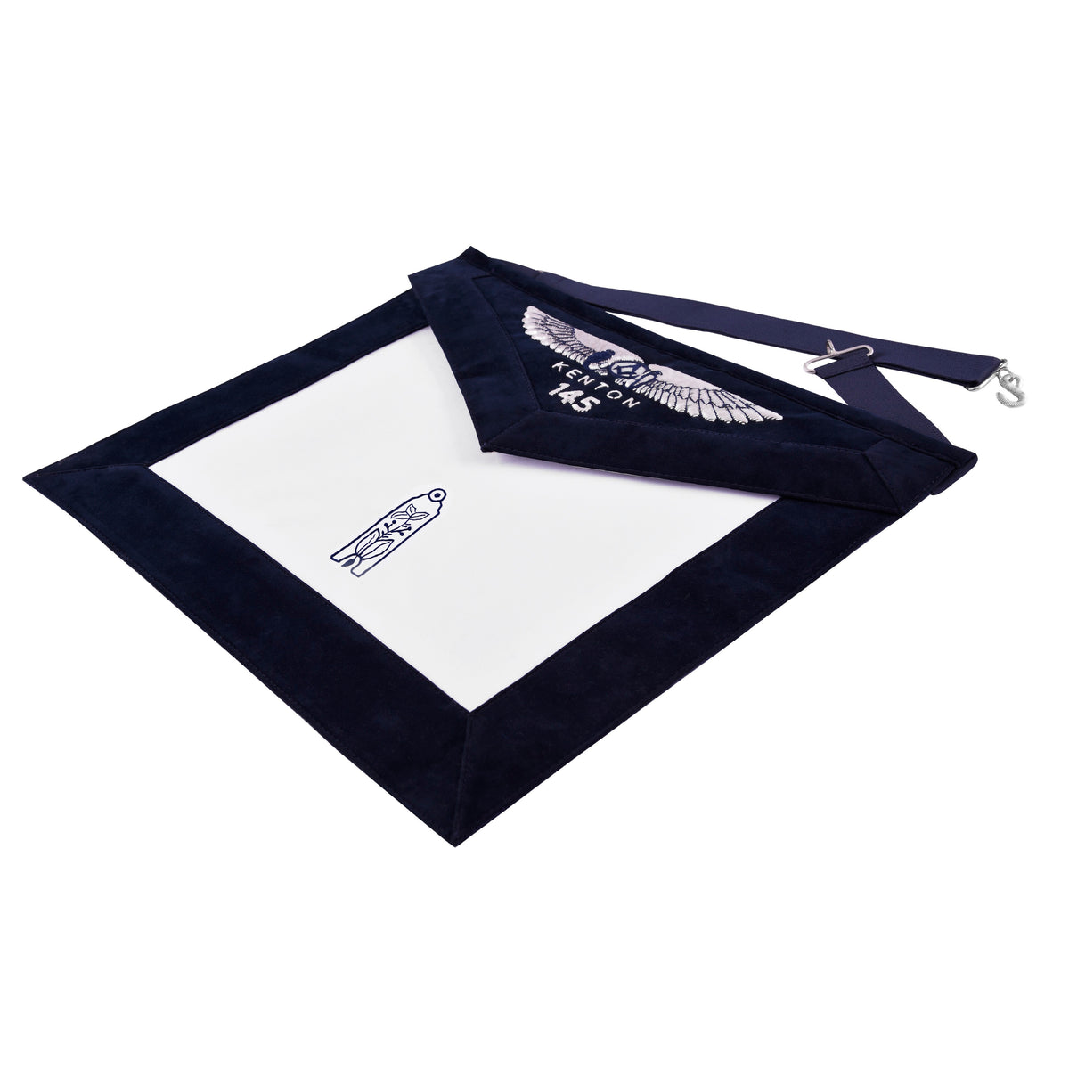 Junior Warden Blue Lodge Officer Apron - Kenton Lodge Navy Velvet With Silver Embroidery Thread - Bricks Masons