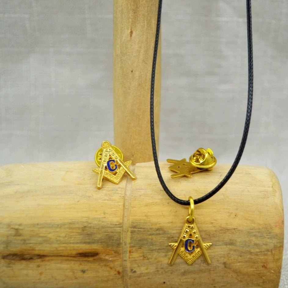 Master Mason Blue Lodge Necklace - Gold Plated Compass And Square G With Leather Chain - Bricks Masons
