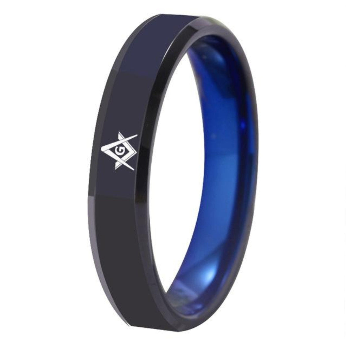 Master Mason Blue Lodge Ring - Black With Blue Tungsten Personalizable - Bricks Masons