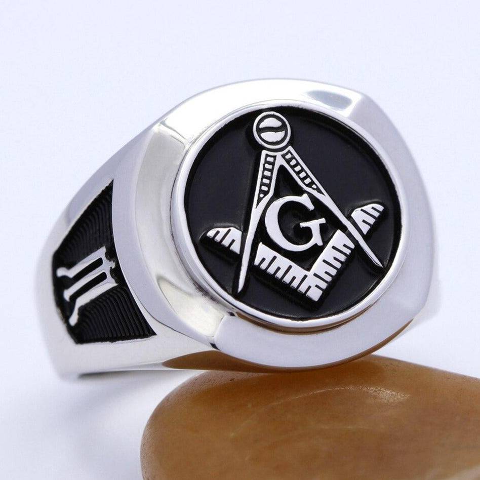 Master Mason Blue Lodge Ring - Compass and Square Sterling Silver - Bricks Masons