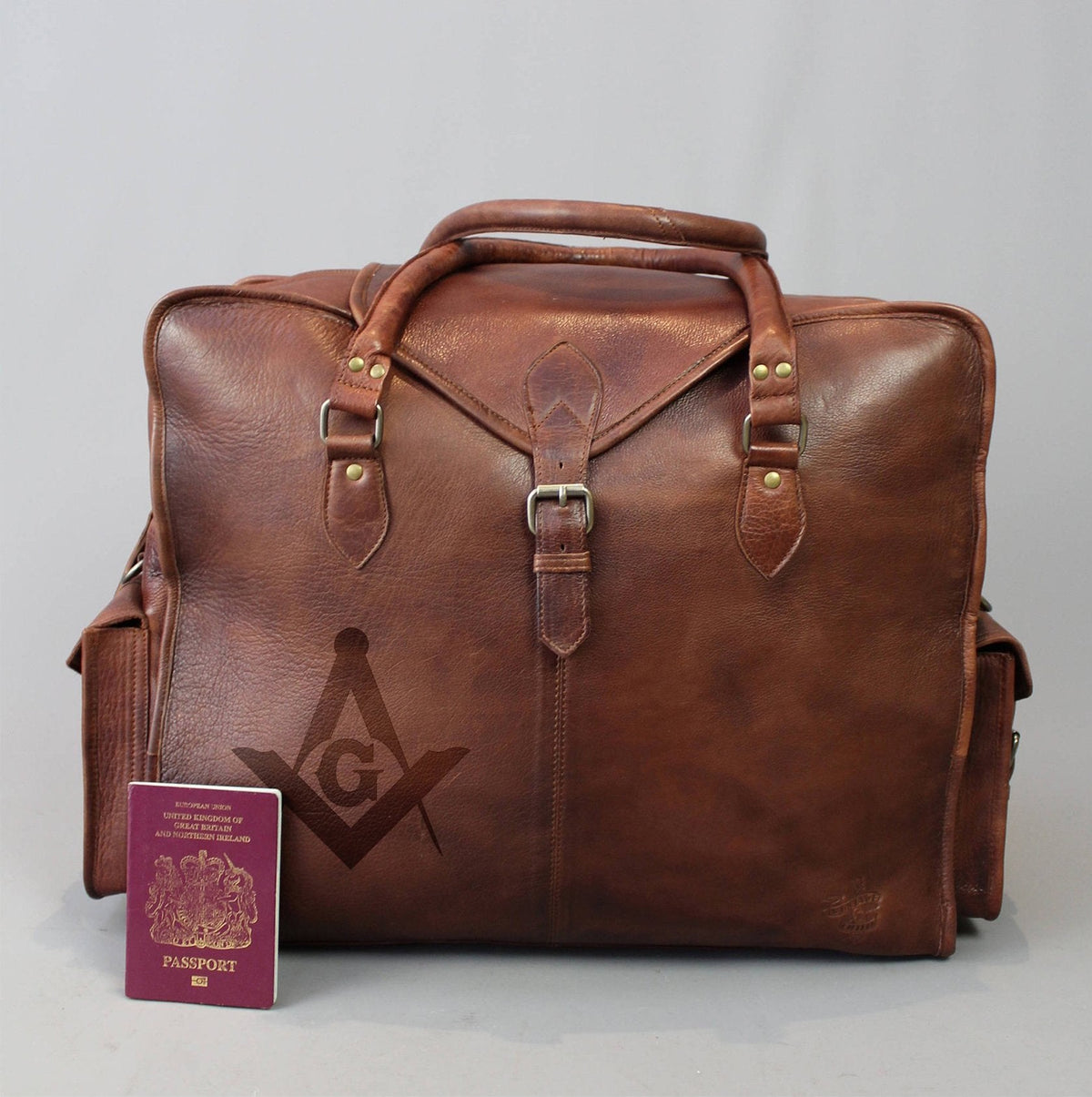 Master Mason Blue Lodge Travel Bag - Genuine Brown Leather - Bricks Masons