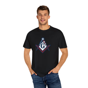 Master Mason Blue Lodge T-Shirt - Garment-Dyed USA Flag Mason - Bricks Masons