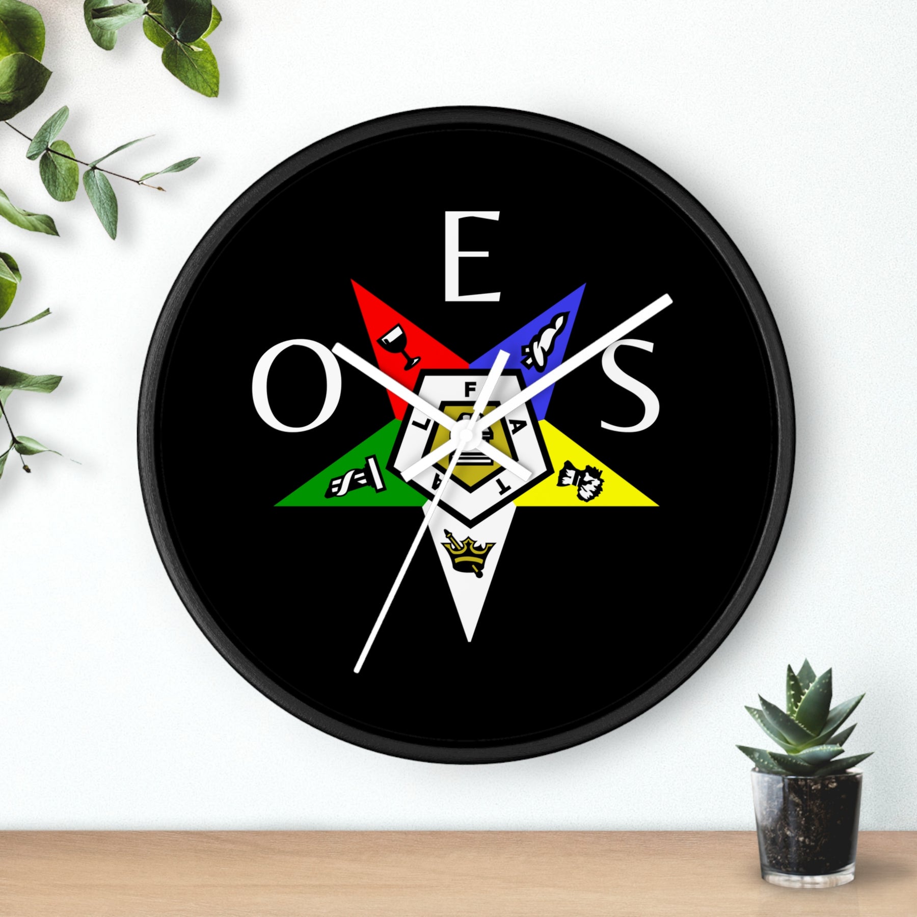 OES Clock - Colorful Star Emblem with OES Lettering on Wooden Frame - Bricks Masons