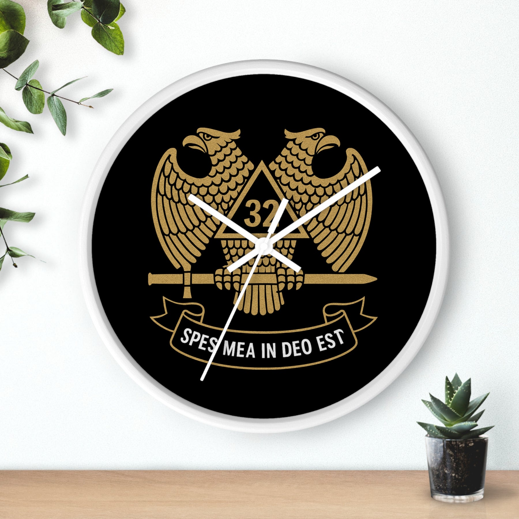 32nd Degree Scottish Rite Clock - Double Headed Eagle on Black Dial with Motto - Bricks Masons