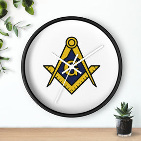 Master Mason Blue Lodge Clock - Wood Frame with Golden Square & Compass G - Bricks Masons