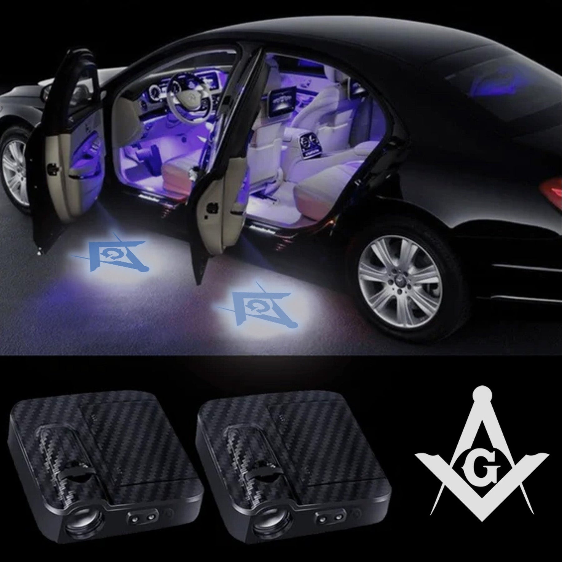 Master Mason Blue Lodge Car Door Light Projector - 2 Pieces Wireless LED Square & Compass - Bricks Masons