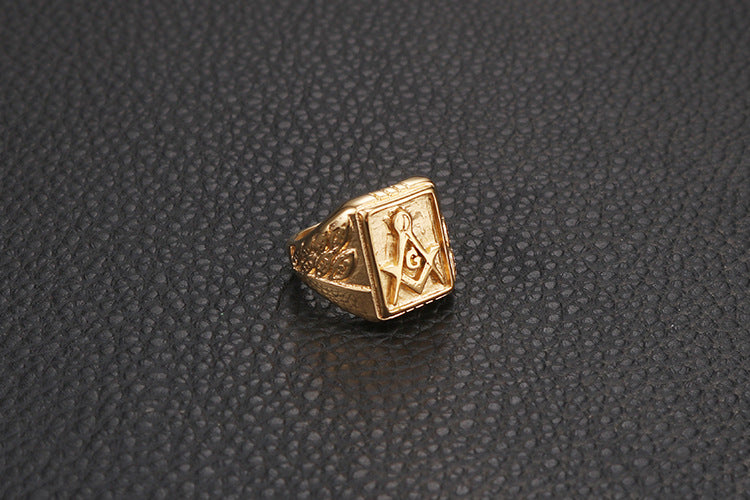 Master Mason Blue Lodge Ring - Gold Titanium Steel - Bricks Masons