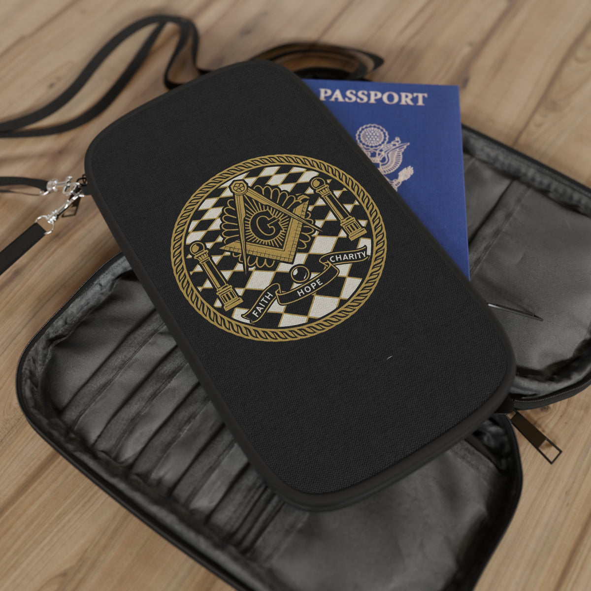Master Mason Blue Lodge Passport Wallet - Gold & Black Faith Hope Charity - Bricks Masons