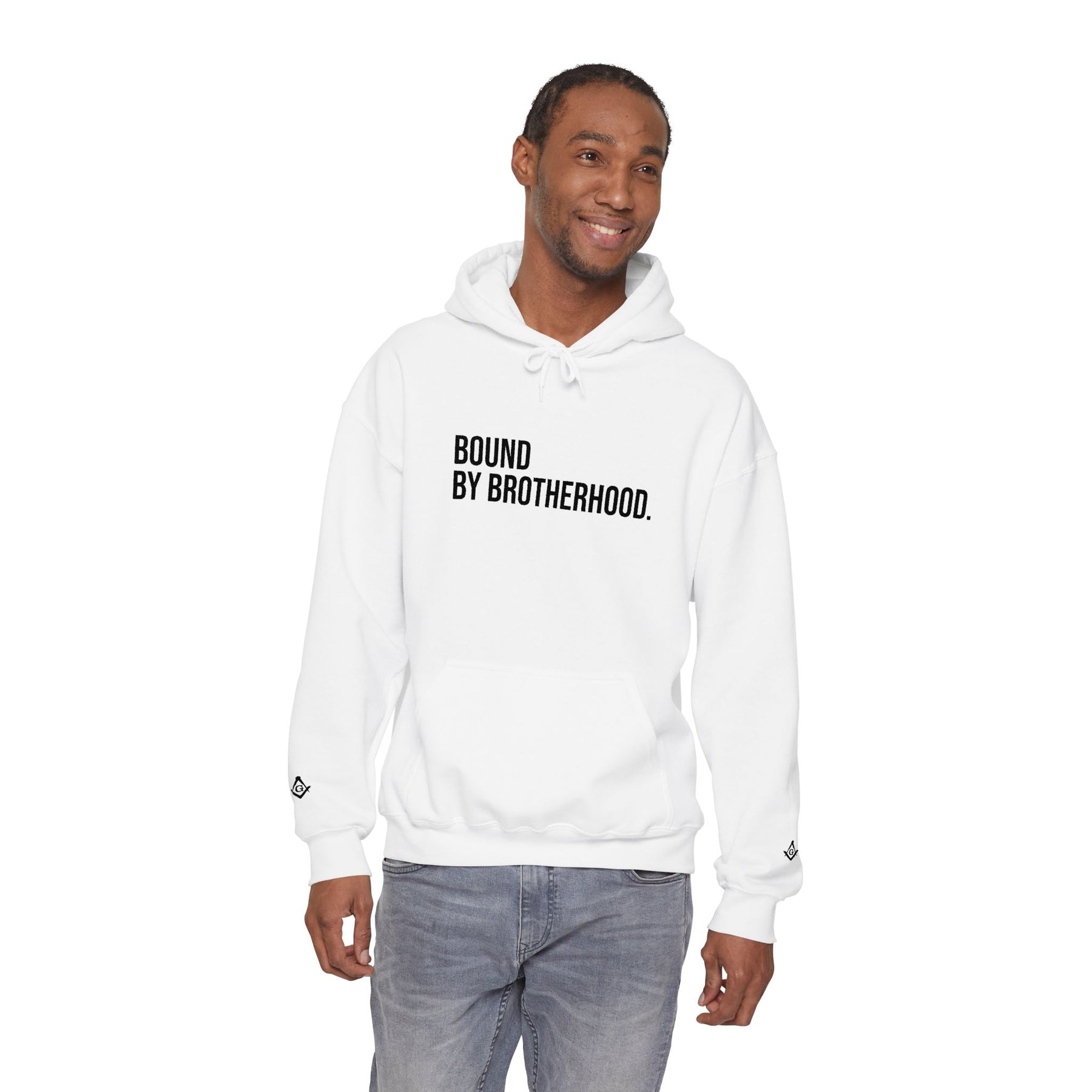 Master Mason Blue Lodge Sweatshirt - Bound By Brotherhood with Square & Compass G Embroidery - Bricks Masons
