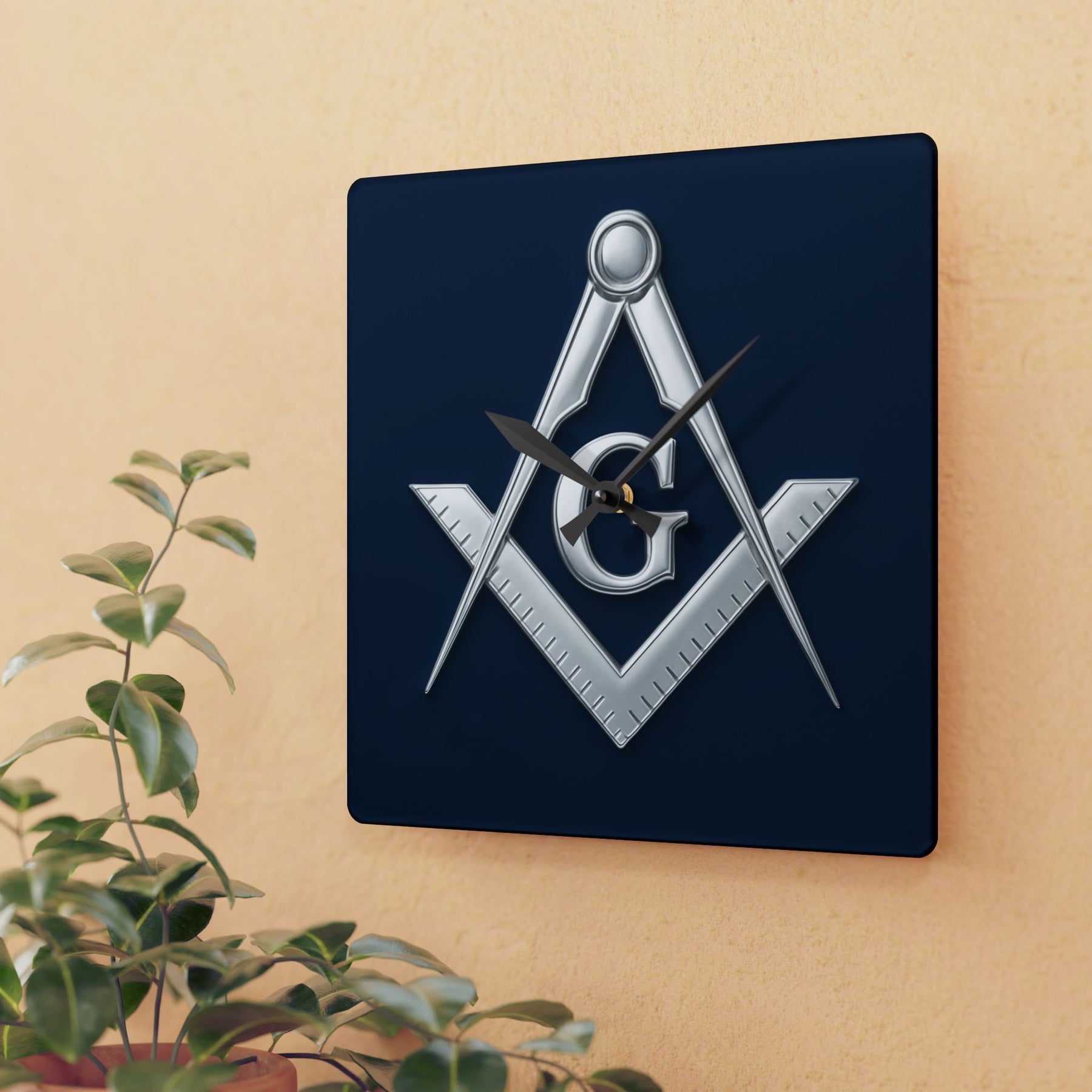 Master Mason Blue Lodge Clock - Compass & Square Symbol on Blue Dial - Bricks Masons
