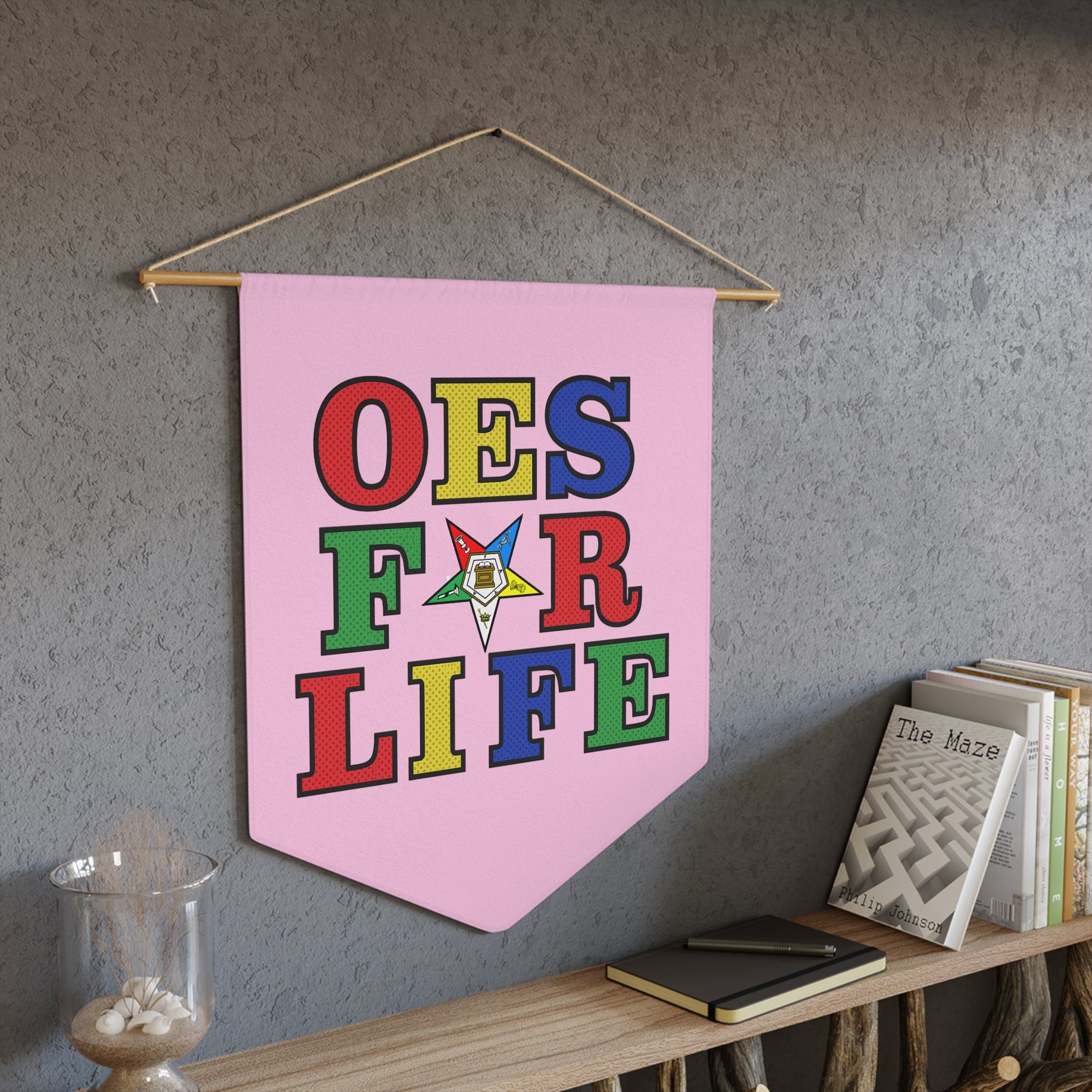 OES Pennant - OES for Life Pink Polyester Twill With Wooden Dowel - Bricks Masons