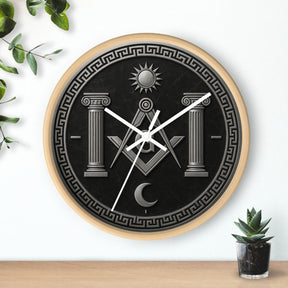 Master Mason Blue Lodge Clock - S&C with Pillars Sun & Moon on Wooden Frame - Bricks Masons