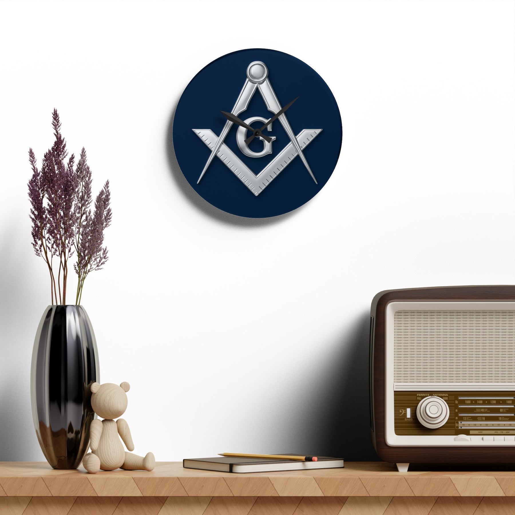 Master Mason Blue Lodge Clock - Compass & Square Symbol on Blue Dial - Bricks Masons