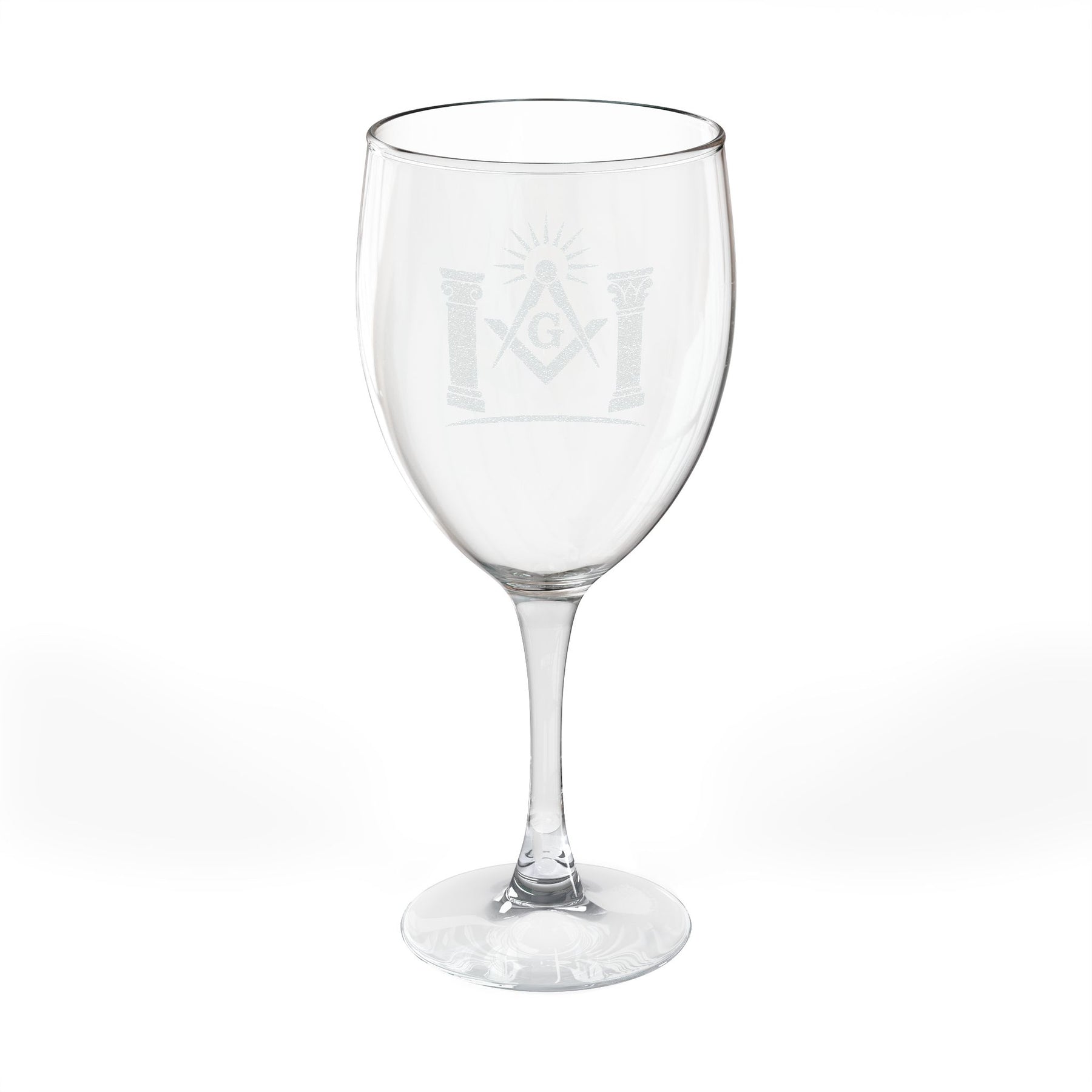 Master Mason Blue Lodge Wine Glass - Square & Compass G with Twin Pillars & Radiant Light