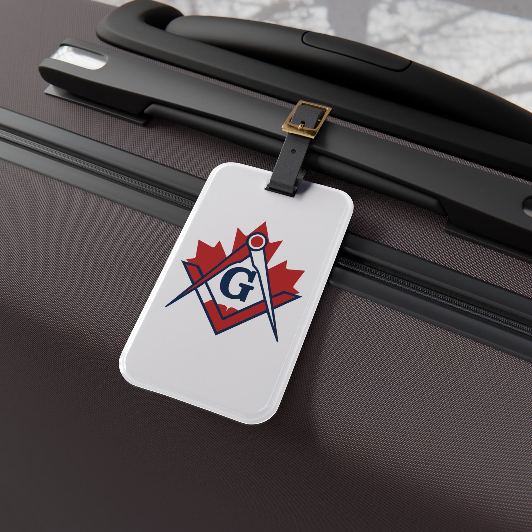Master Mason Blue Lodge Canada Jurisdiction Luggage Tag - Red Maple Leaf Leather Strap - Bricks Masons