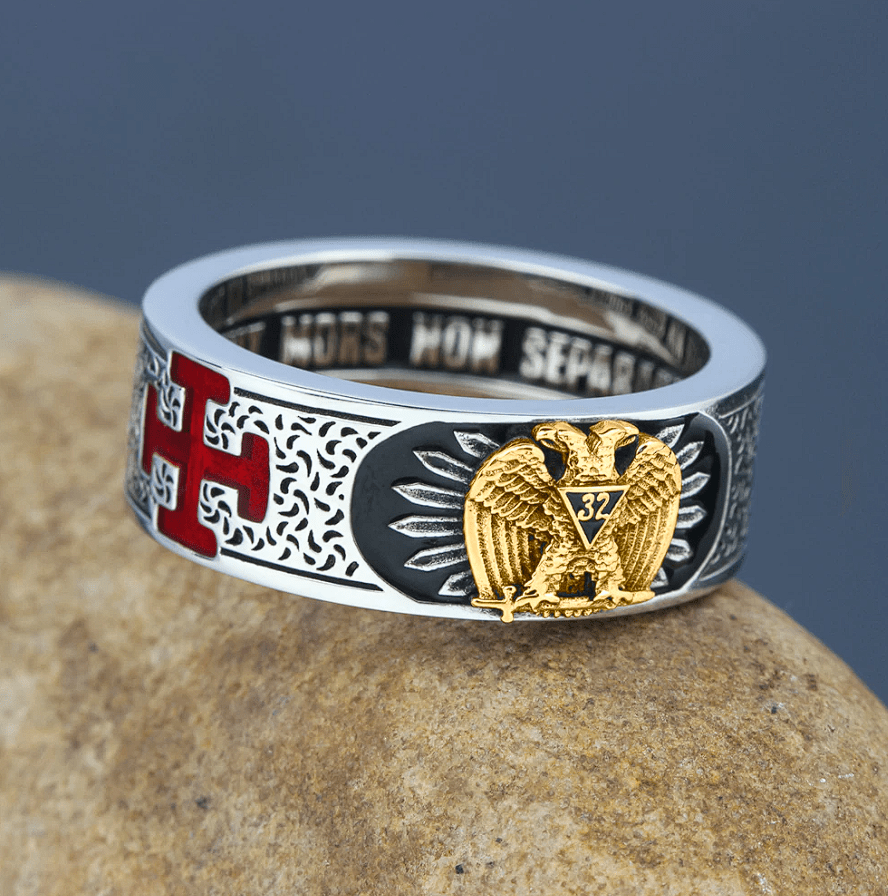 32nd Degree Scottish Rite Ring - 925 Sterling Silver/ 14k Real Gold Eagle - Bricks Masons