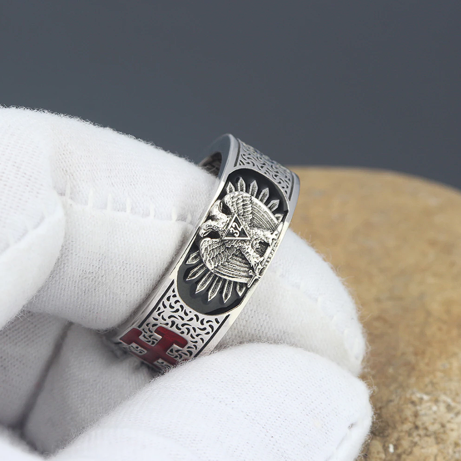 32nd Degree Scottish Rite Ring - 925 Sterling Silver/ 14k Real Gold Eagle - Bricks Masons
