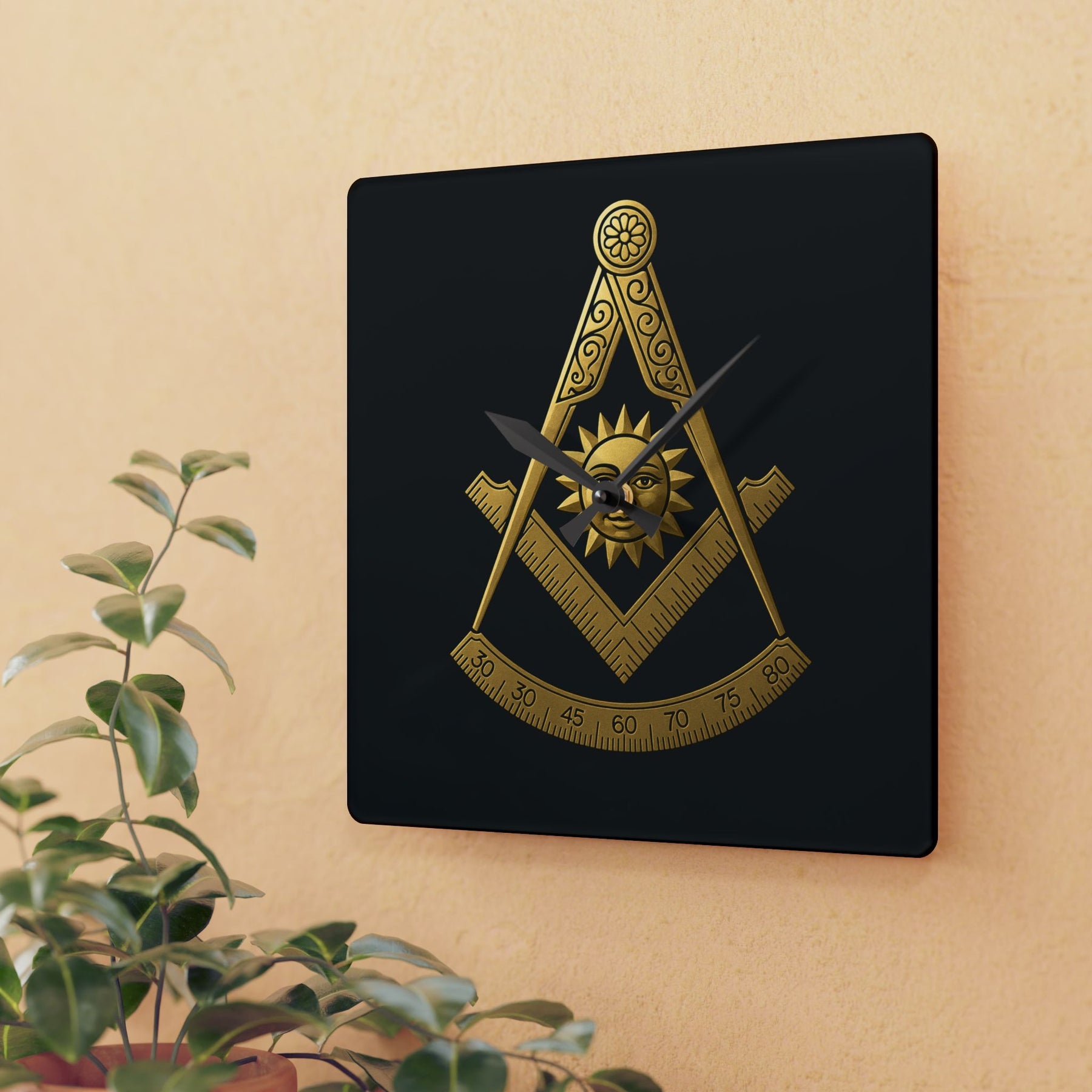 Past Master Blue Lodge Clock - Square Compass Sun & Quadrant Emblem on Clear Acrylic - Bricks Masons