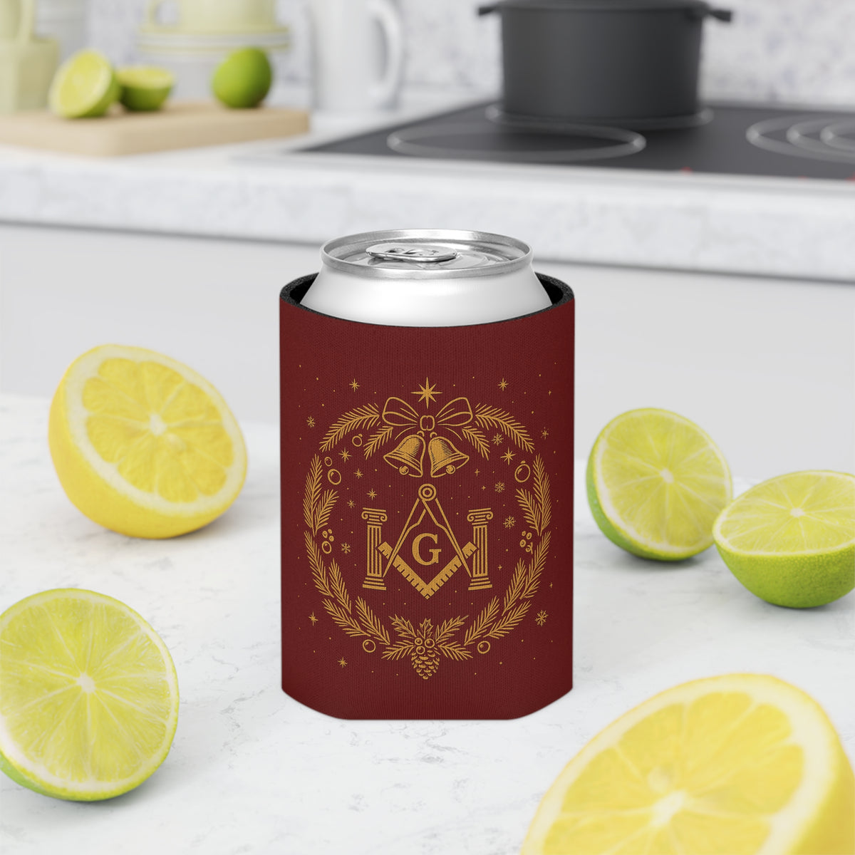 Master Mason Blue Lodge Can Cooler - Christmas Square & Compass G with Pillars - Bricks Masons