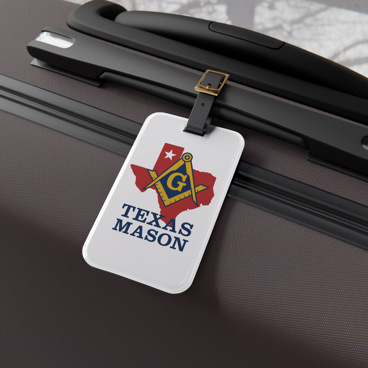 Master Mason Blue Lodge Luggage Tag - White Texas Mason With Black Leather Strap - Bricks Masons