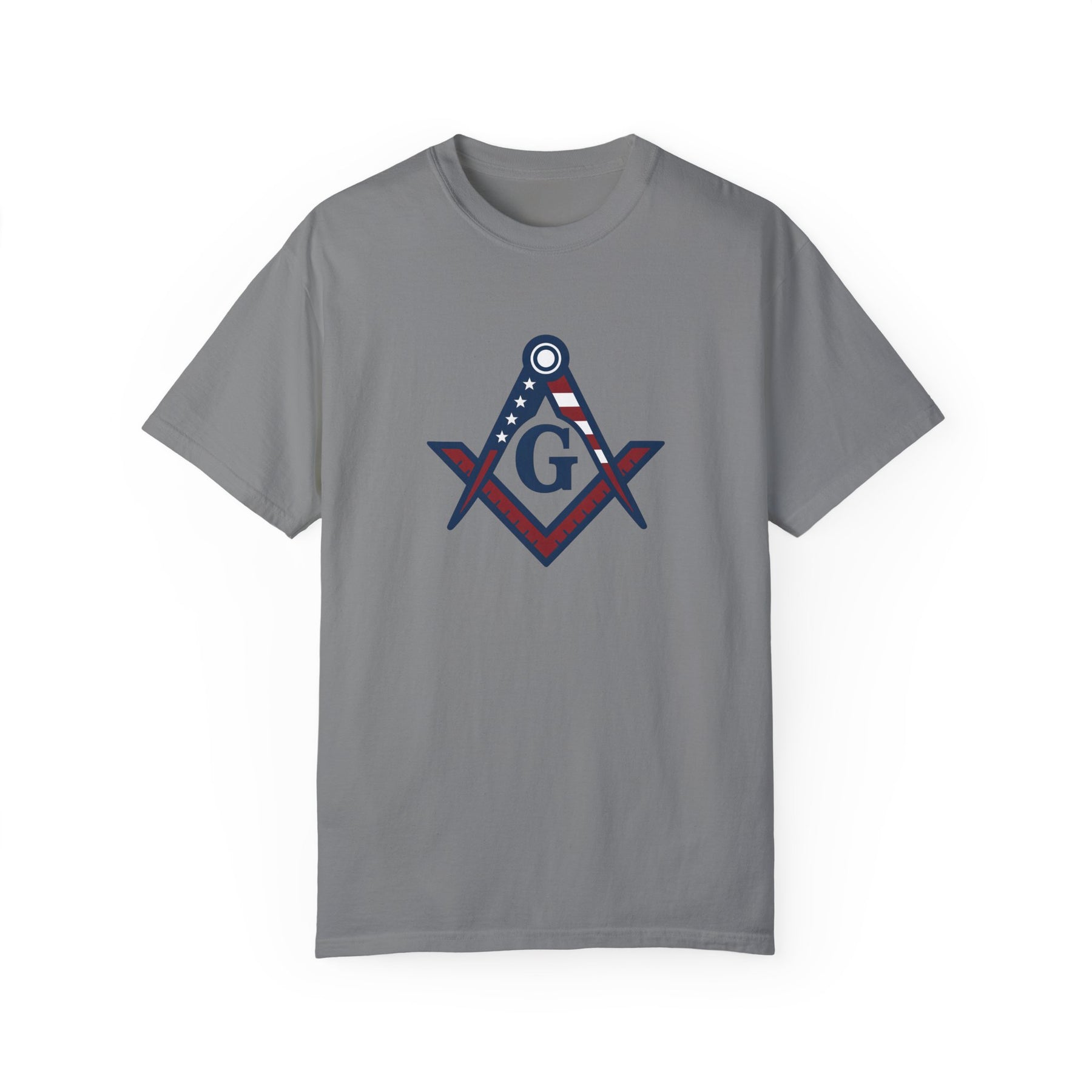 Master Mason Blue Lodge T-Shirt - Garment-Dyed USA Flag Mason - Bricks Masons