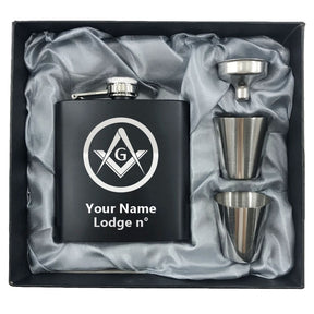 Master Mason Blue Lodge Flask - 2 Shot Glasses & Funnel - Bricks Masons