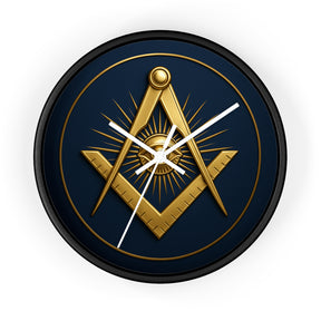 Master Mason Blue Lodge Clock - Wood Frame with Eye Square & Compass Symbol - Bricks Masons