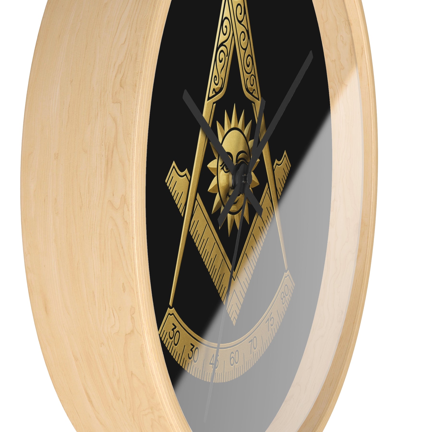 Past Master Blue Lodge Clock - Square Compass Sun & Quadrant Emblem on Wood Frame - Bricks Masons