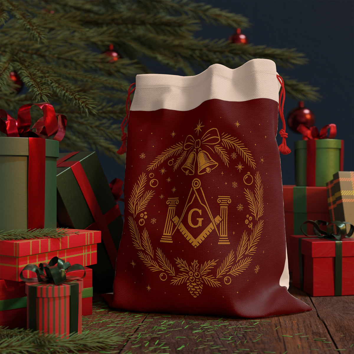 Master Mason Blue Lodge Gift Bag - Square & Compass G with Pillars Christmas Edition - Bricks Masons
