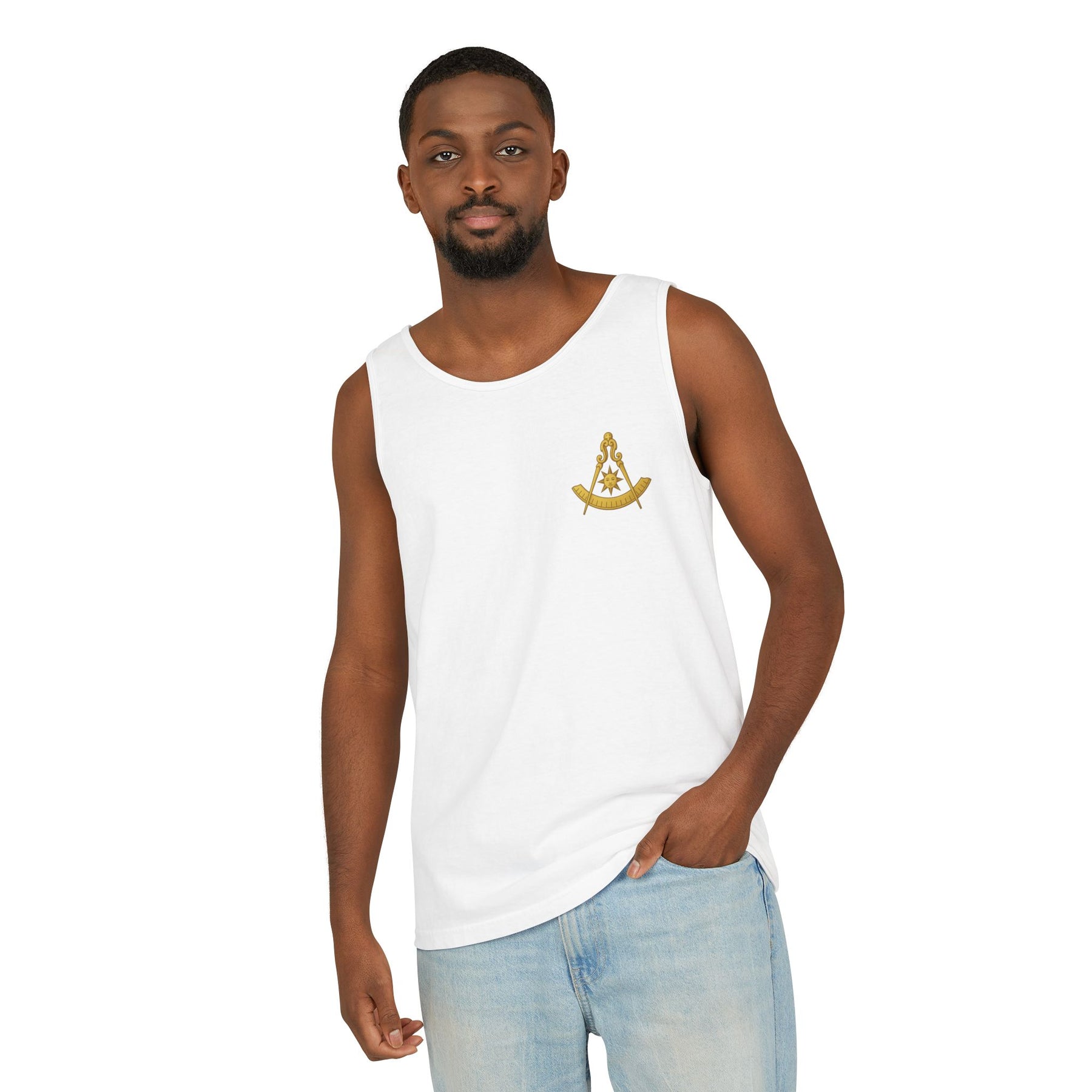 Past Master Blue Lodge Tank Top - Garment-Dyed Compass With Sun & Quadrant - Bricks Masons