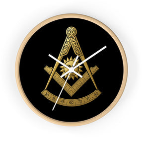 Past Master Blue Lodge Clock - Square Compass Sun & Quadrant Emblem on Wood Frame - Bricks Masons