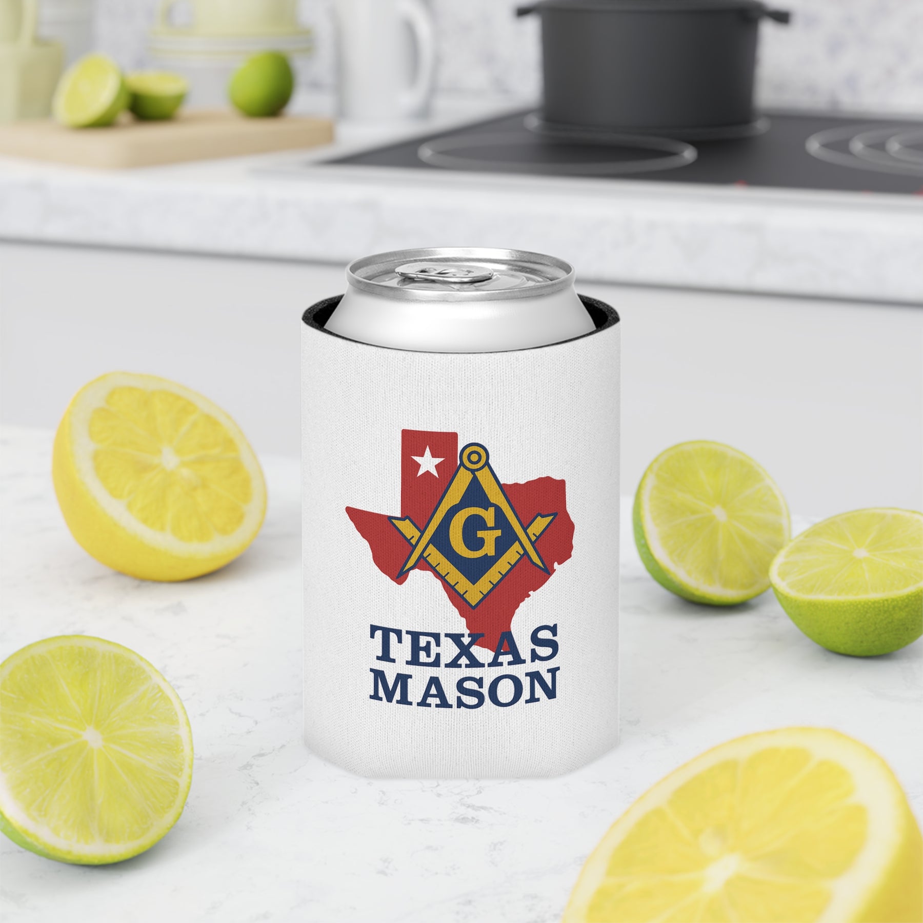 Master Mason Blue Lodge Can Cooler - Texas Mason Square & Compass G - Bricks Masons