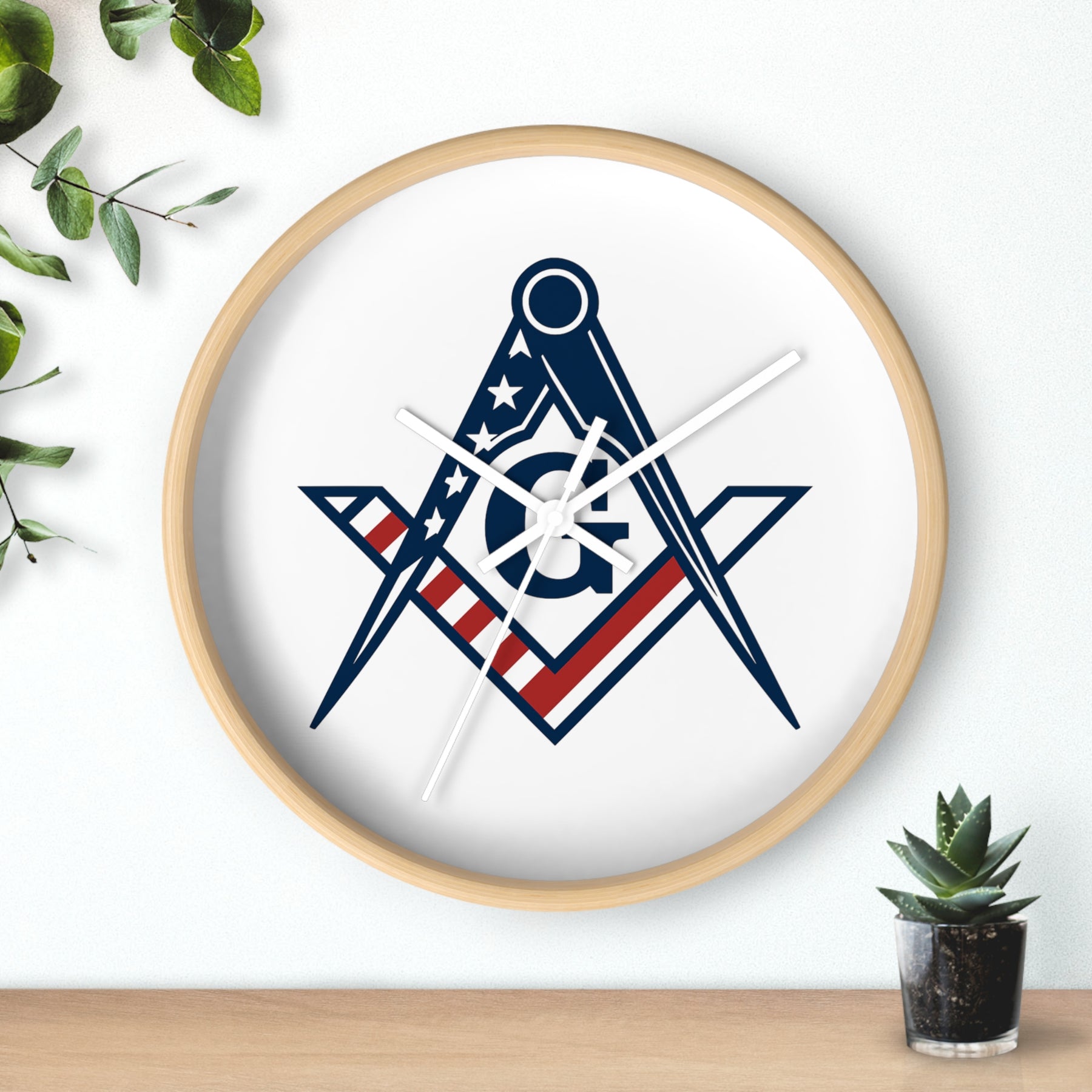 Master Mason Blue Lodge Clock - Square & Compass G with American Flag Design - Bricks Masons