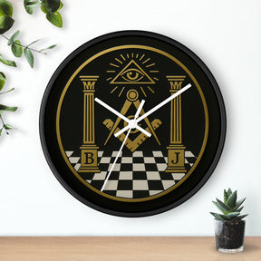 Master Mason Blue Lodge Clock - S&C with Pillars in Wooden Frame - Bricks Masons