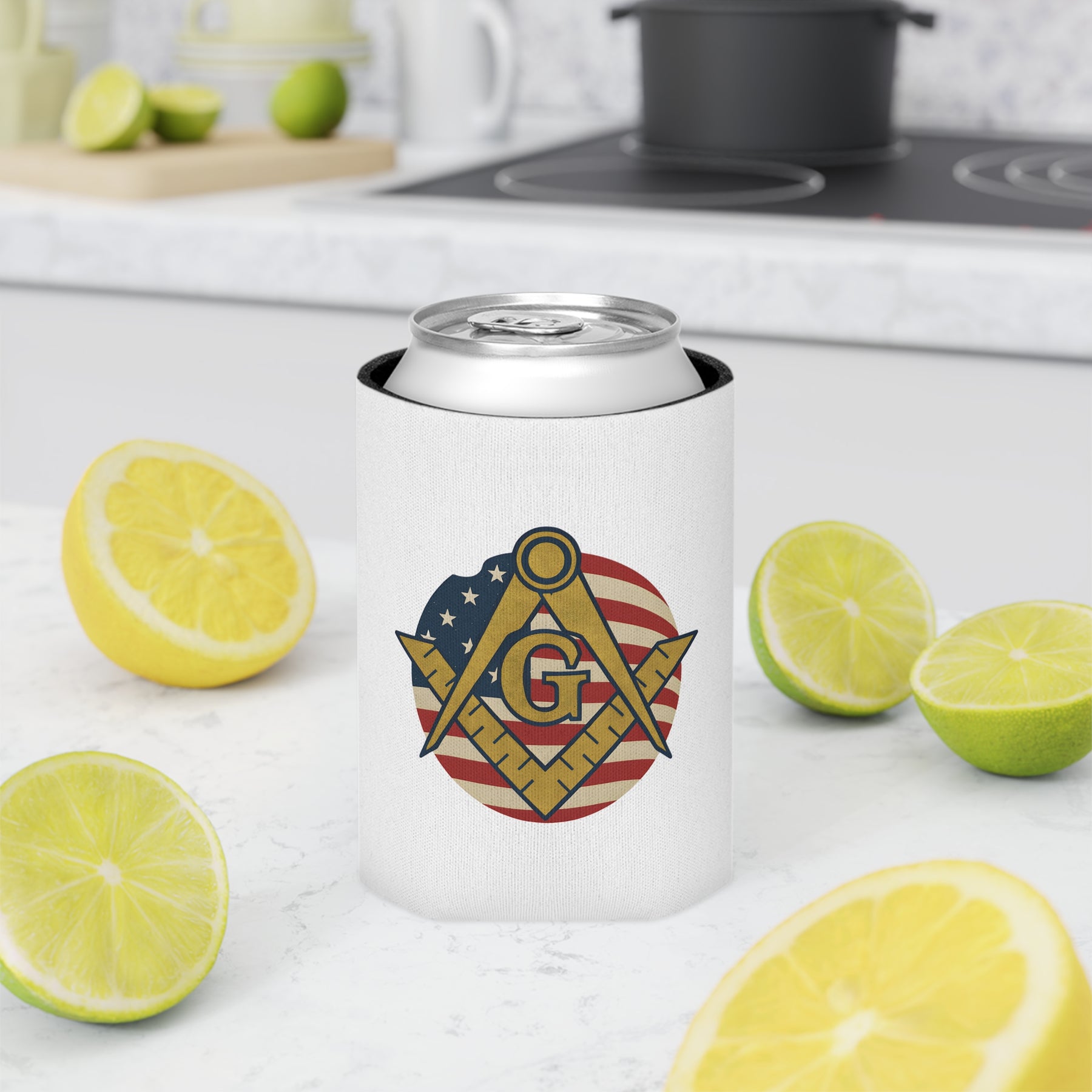 Master Mason Blue Lodge Can Cooler - Square & Compass G US Flag - Bricks Masons