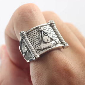Past Master Blue Lodge Ring - Quadrant & Compass Sun with Twin Pillars Sterling Silver