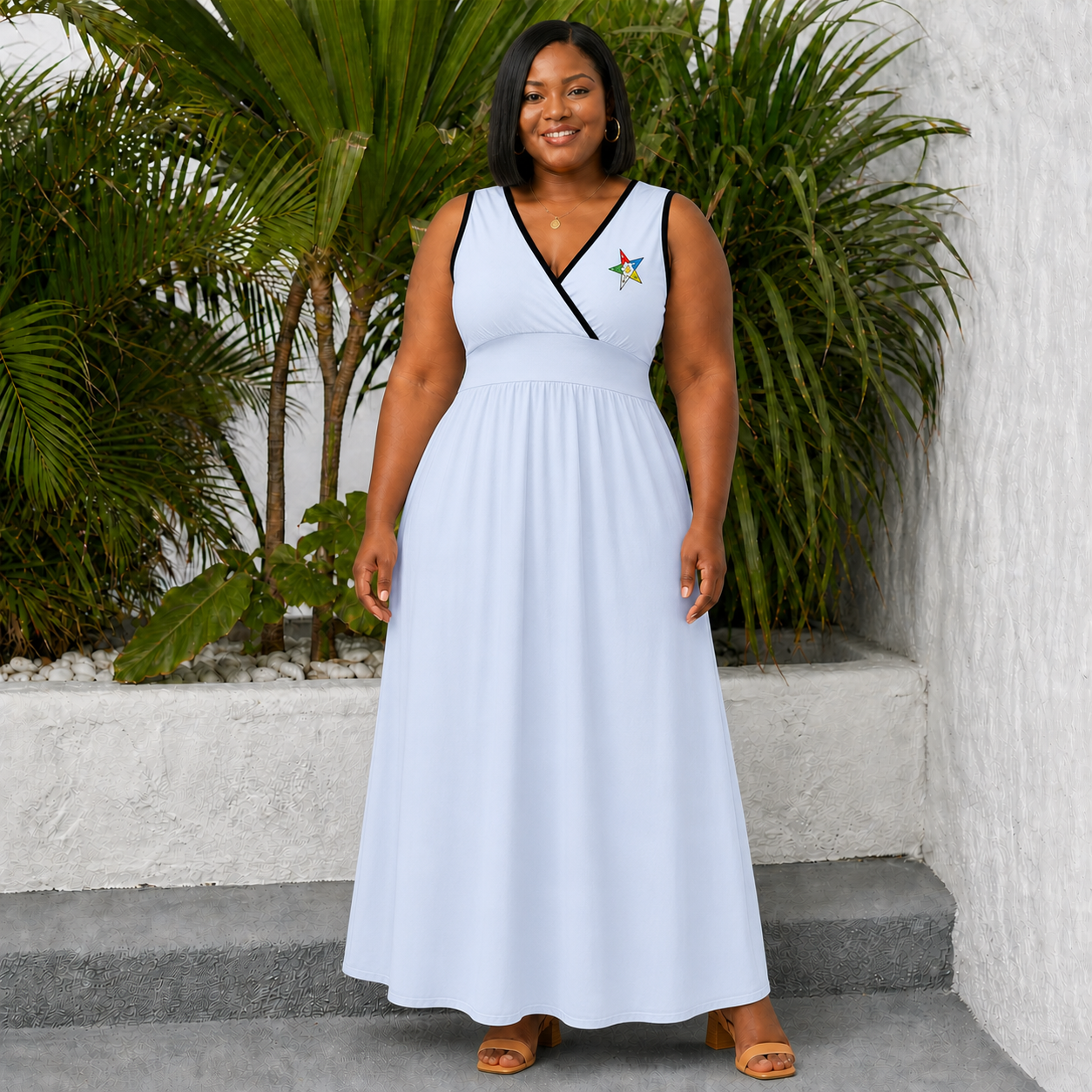 OES Dress - Sleeveless White with Eastern Star Emblems - Bricks Masons