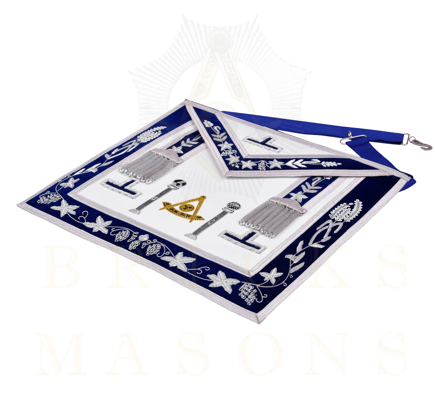 Past Master Blue Lodge Apron - Navy Velvet & Silver Bullion Hand Embroidery With Pillars - Bricks Masons