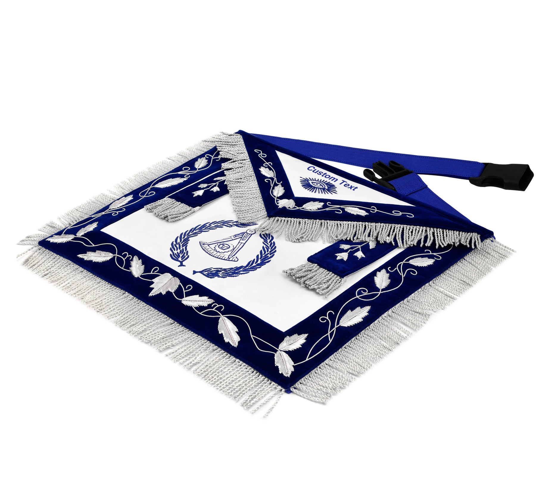 Past Master Blue Lodge Apron - Blue Velvet Silver Bullion With Wreath & Fringe - Bricks Masons