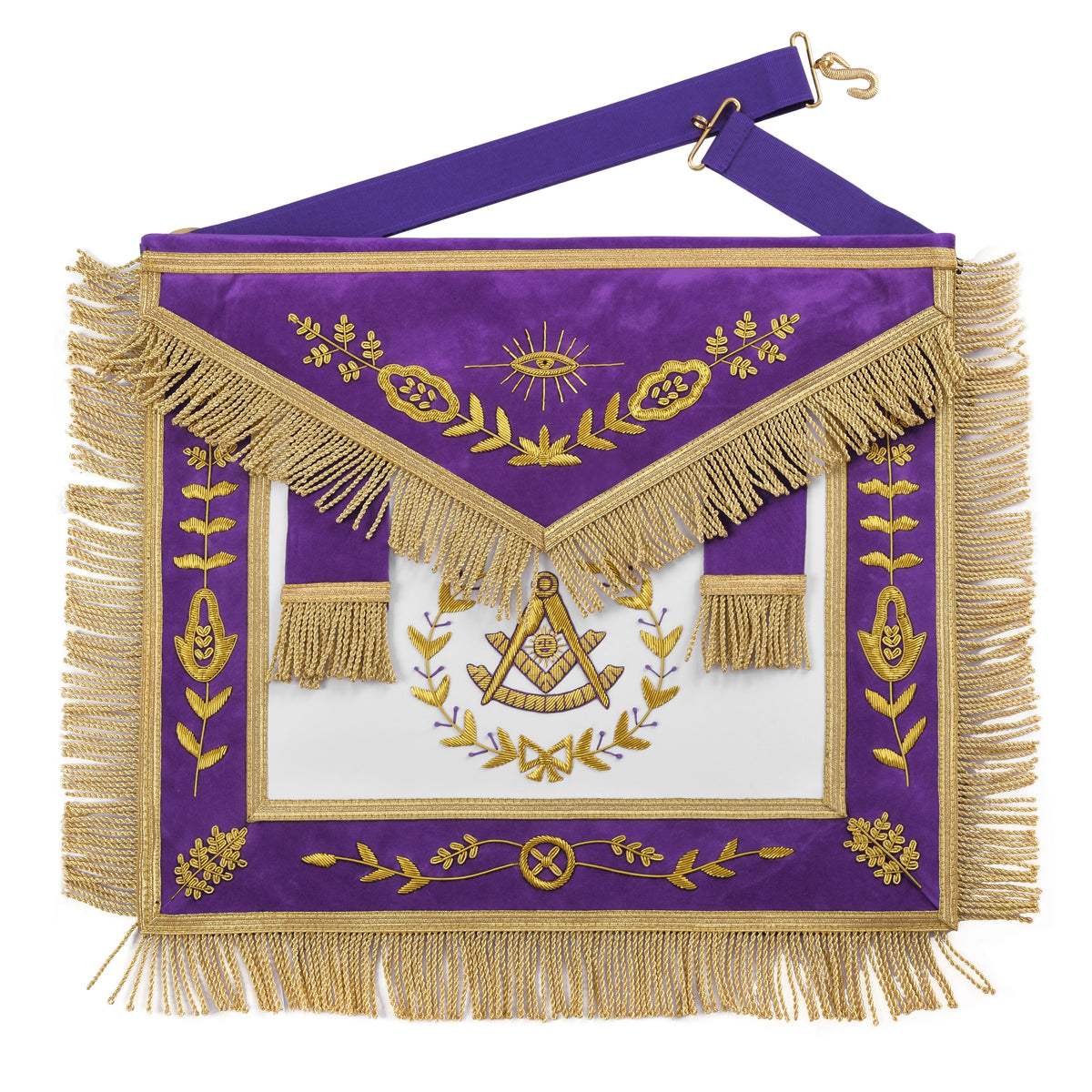 Past Master Blue Lodge Apron - Purple Velvet Gold Bullion With Wreath & Golden Fringe - Bricks Masons