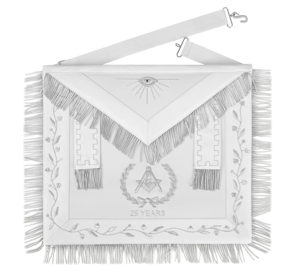 Master Mason Blue Lodge Apron - All White Bullion With Wreath Customizable Anniversary Year - Bricks Masons