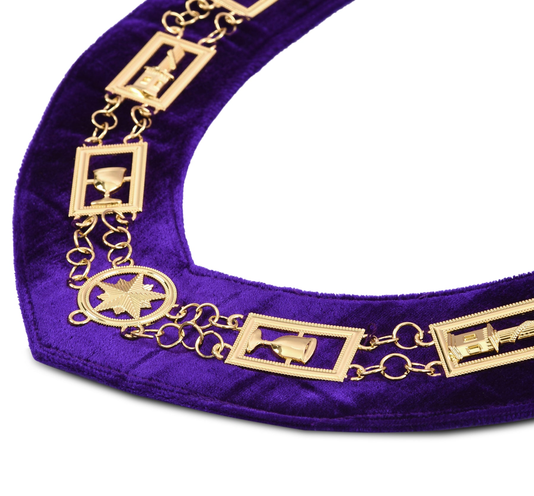 OES Chain Collar - Gold Plated with Rhinestones on Purple Velvet - Bricks Masons