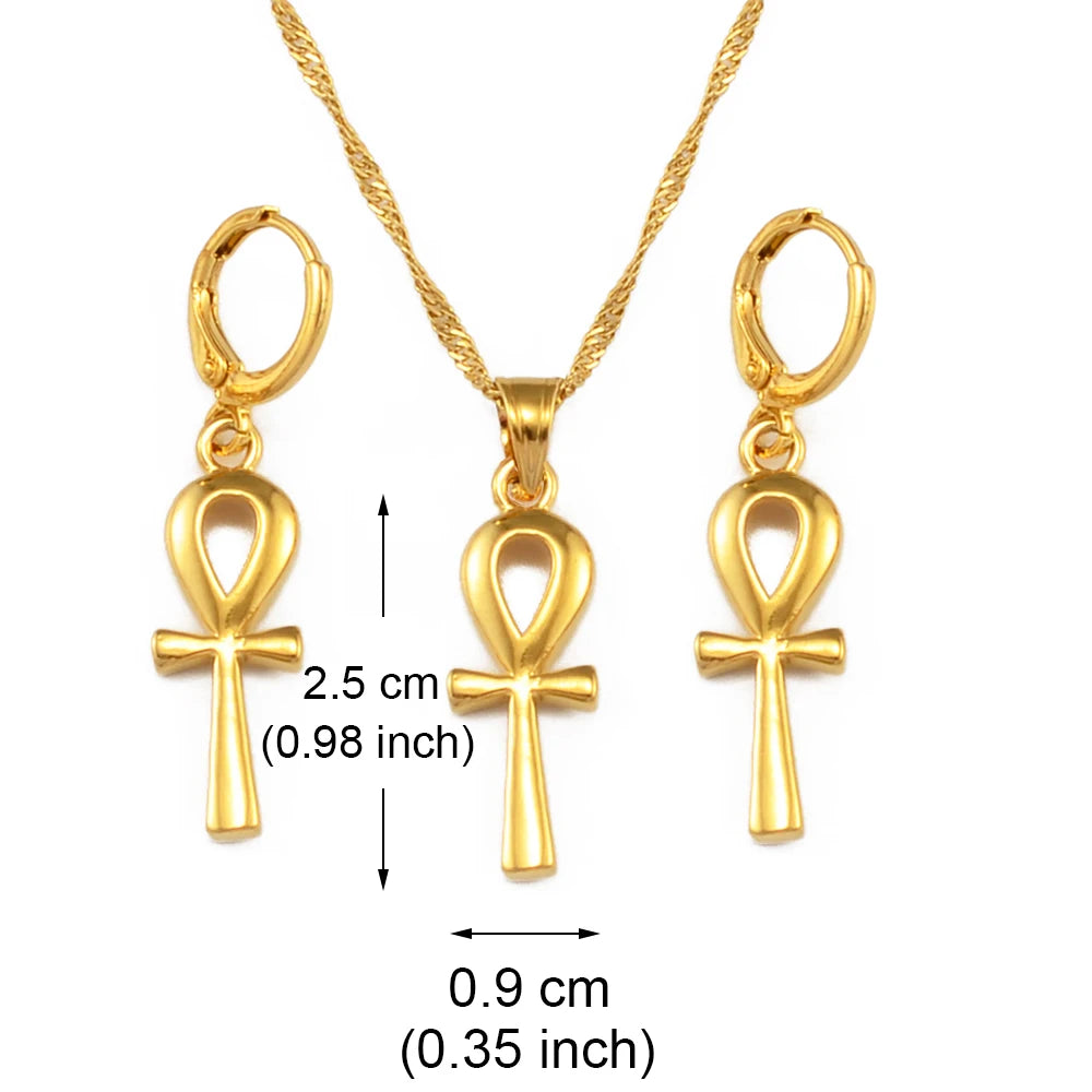 Ancient Egypt Jewelry Set - Gold Ankh Cross Pendant - Bricks Masons