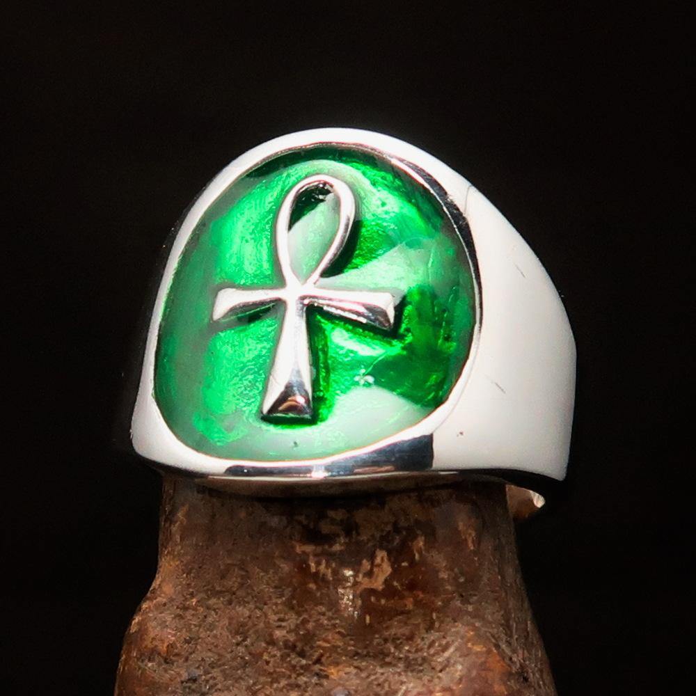 Ancient Egypt Ring - Green Sterling Silver Ankh